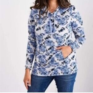 Floral Print Hooded Pullover Top - Blue